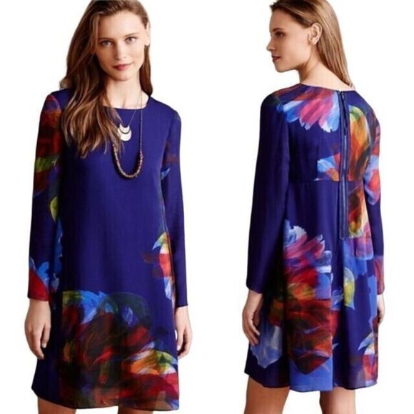 ANTHROPOLOGIE LEIFSDOTTIR WATERCOLOR DRESS Fanned Floral SIZE SMALL Flaw - Picture 1 of 8